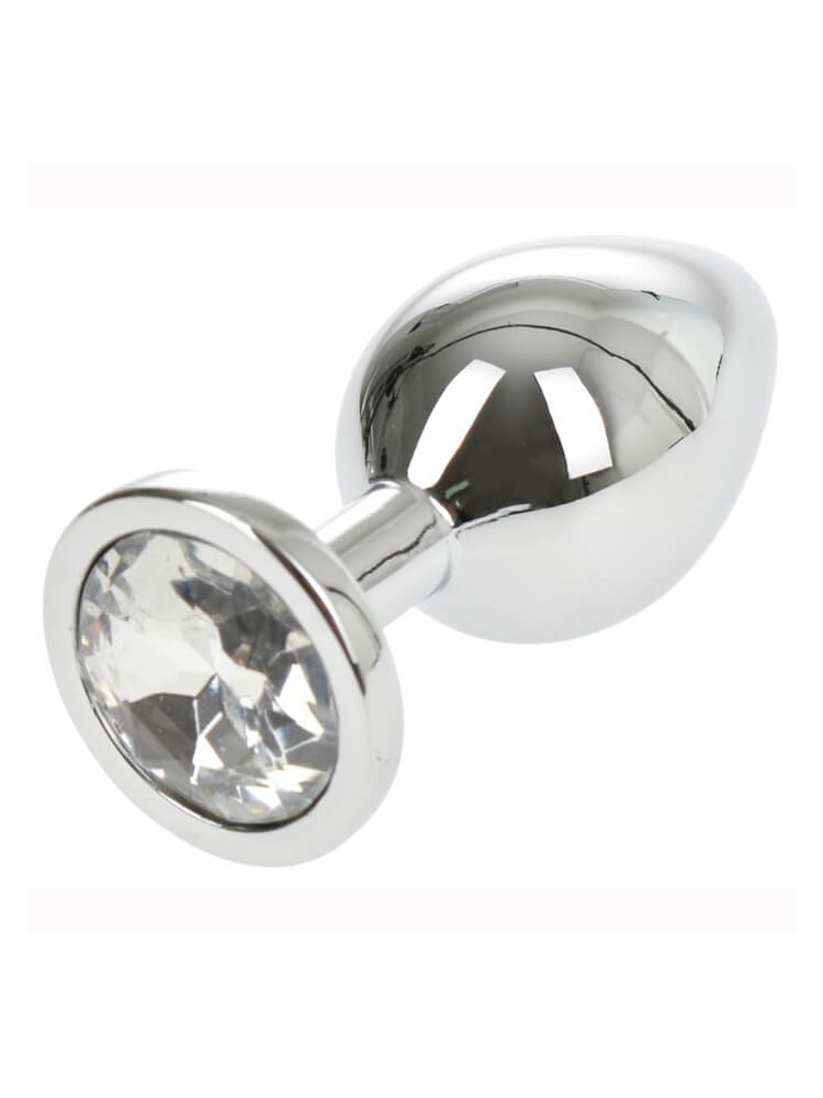 Medium Metallic Butt Plug Silver/Clear - nss4038191