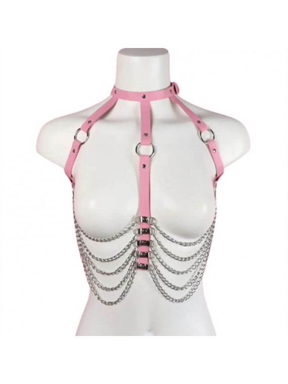 Sexy Harness with Chains and Eco Leather - Pink - nss4056290