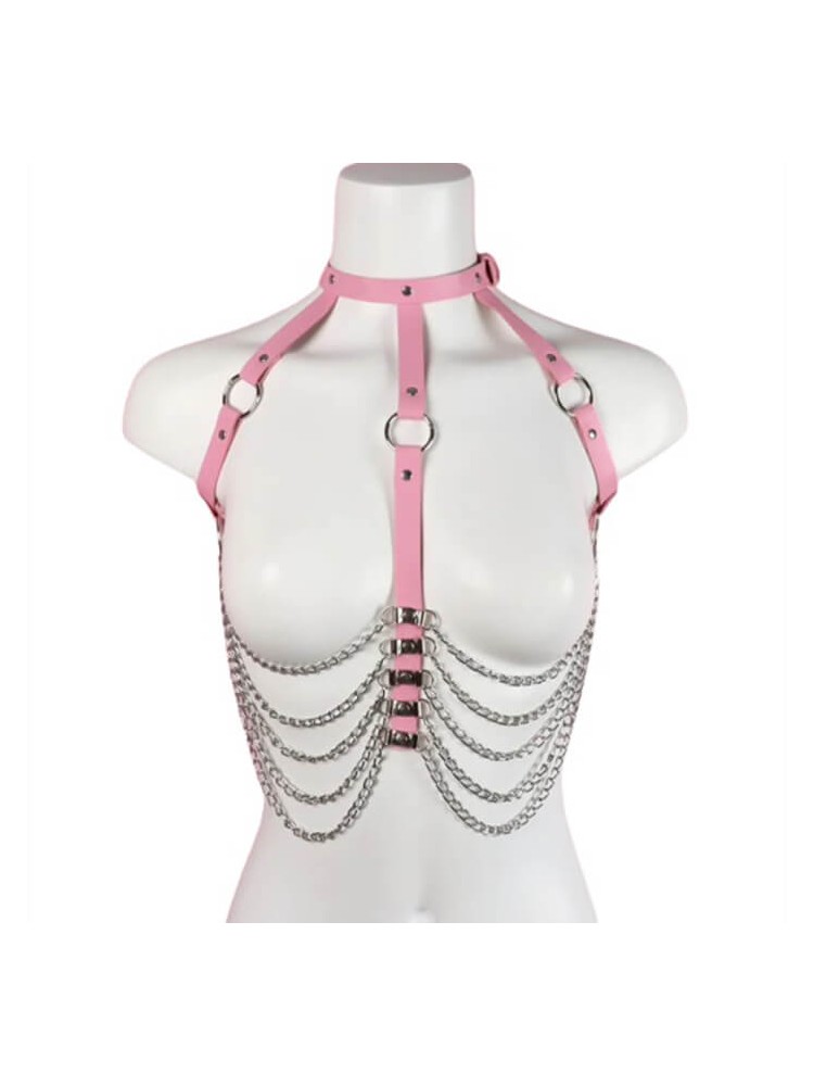 Sexy Harness with Chains and Eco Leather - Pink - nss4056290