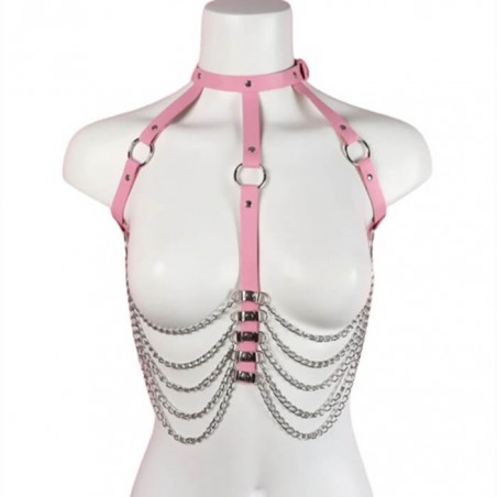 Sexy Harness with Chains and Eco Leather - Pink - nss4056290