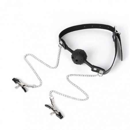 Ball Gag With Nipple Clamps - nss4048042