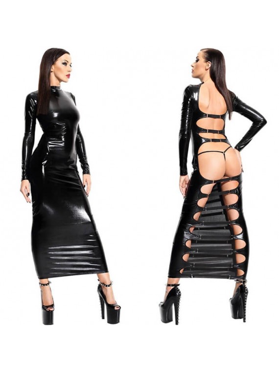 Long Dress with Back Cutouts Wetlook, Black - nss4016168