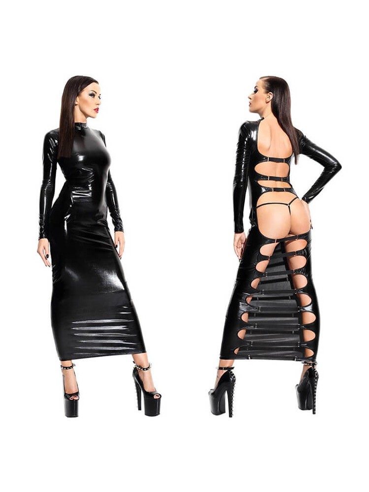 Long Dress with Back Cutouts Wetlook, Black - nss4016168